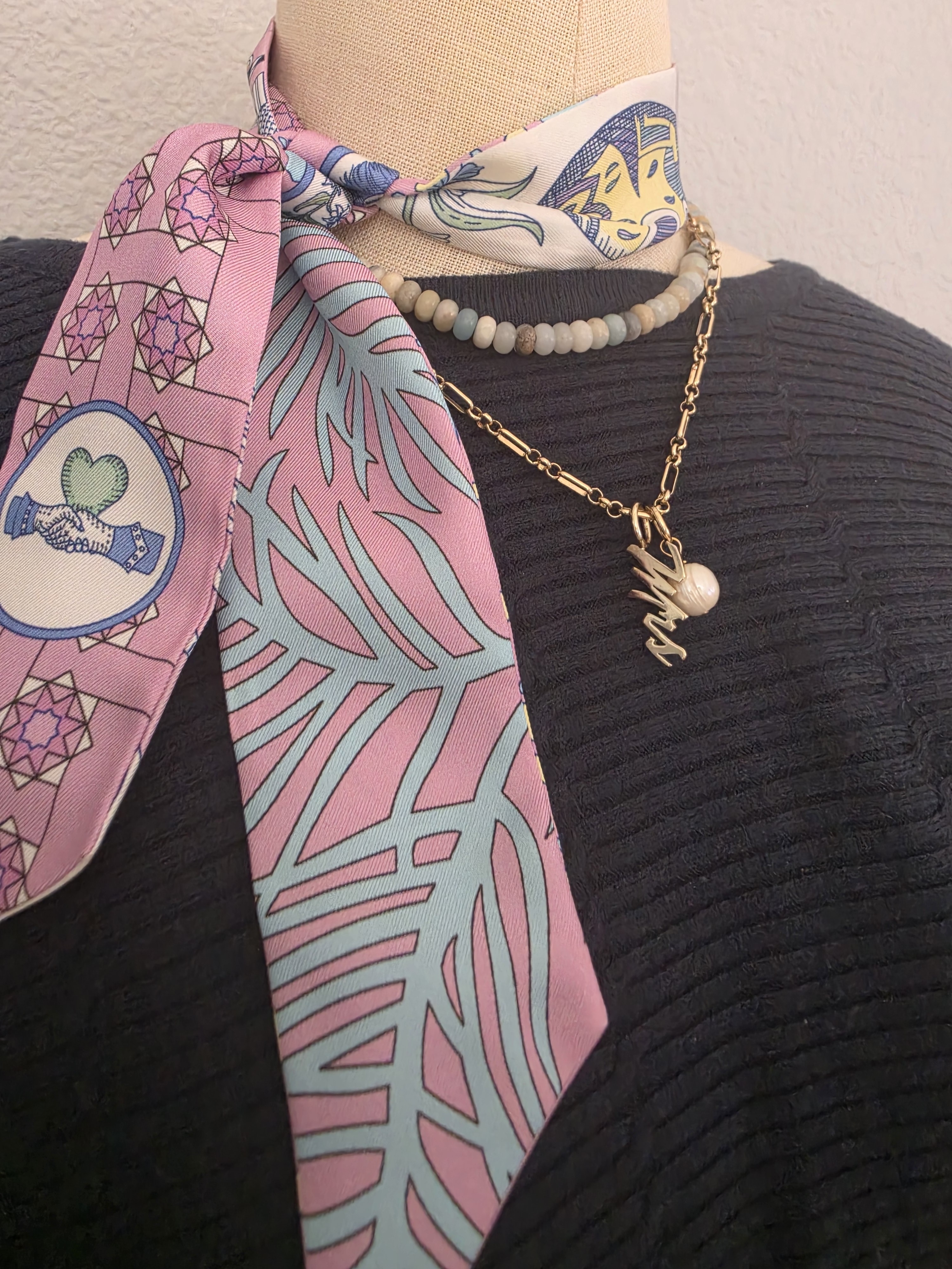 Pink  Light Blue Printed Silk Neck Scarf